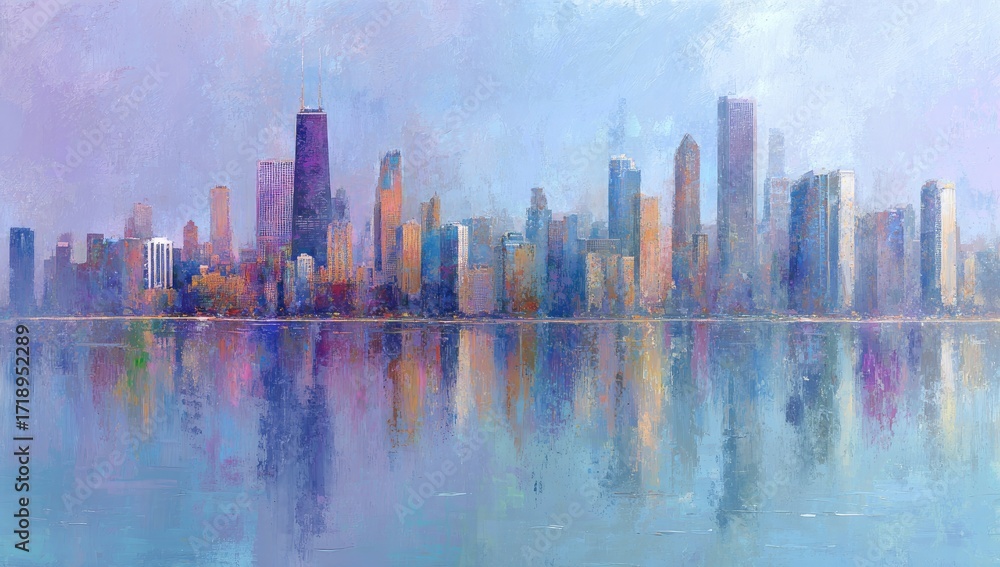 Obraz premium Chicago skyline at dawn, painted in soft pastels, reflecting on a tranquil lake