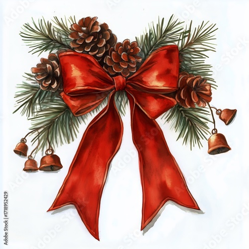Festive Holiday Wreath Adorned With Ribbons, Pinecones, and Berries in a Brig...