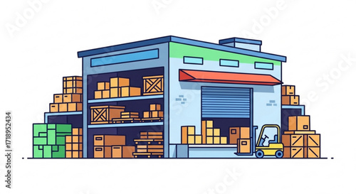 Warehouse distribution center logistics and supply chain management with forklift and shipping boxes storage area