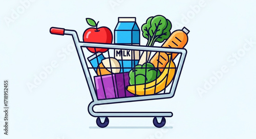 Grocery shopping cart full of healthy food vector illustration supermarket purchase concept design 100