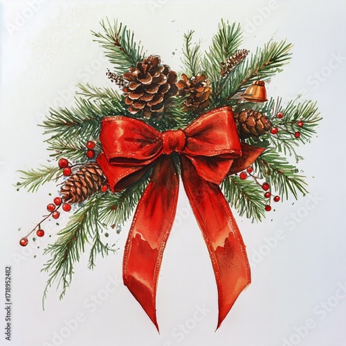 Beautiful Winter Arrangement With Red Bow, Pinecones, and Greenery for Festiv...