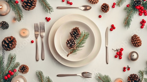 Festive Table Setting With Pine Cones, Greens, and Holiday Decorations for Wi...