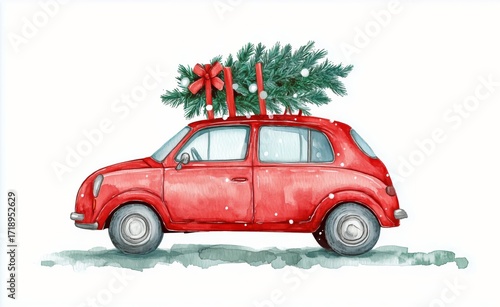 Red Car With Christmas Tree on Roof Driving Through Winter Wonderland Scene.