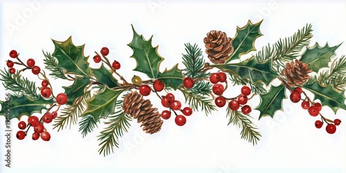 Festive Garland With Red Berries and Green Leaves in Winter Decoration.