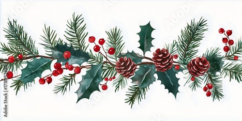 Decorative Winter Holiday Arrangement With Pine Branches, Holly, and Red Berr...