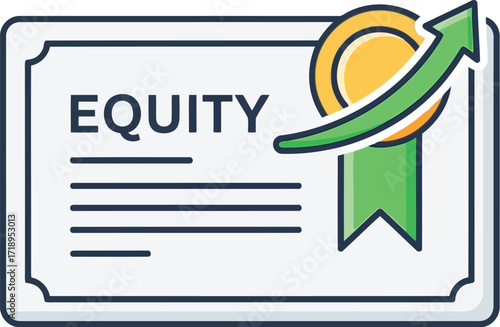 Vector art of equity certificate with a rising arrow and coin, symbolizing financial growth and investment success