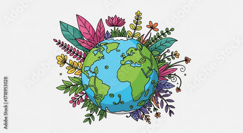 Earth day illustration of planet earth with floral decorations for environmental awareness and sustainability
