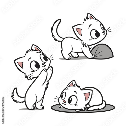 Three adorable cartoon kittens playing and resting isolated on white background