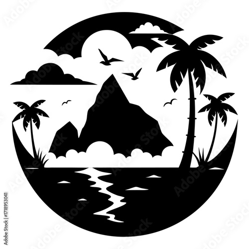 Palm trees ocean waves rocky cliffs vector landscape background.
