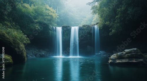 Waterfall Cascading Into Clear Blue Pool Surrounded by Lush Green Forest in a...