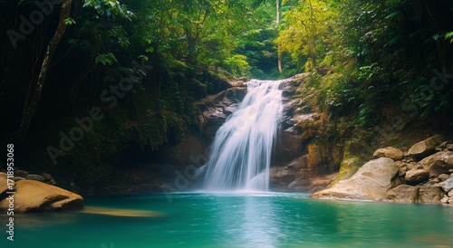 Waterfall Cascading Into Clear Blue Pool Surrounded by Lush Green Forest in a...