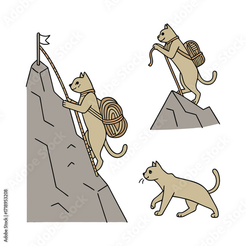 Cute cartoon cat climbing a mountain with a backpack isolated on white background