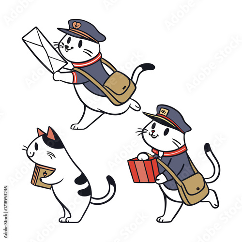 Three cartoon cats dressed as mail carriers delivering mail isolated on white background