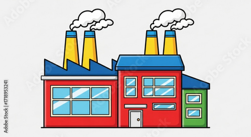 Cartoon factory illustration vector design with smoke stacks and industrial building artwork style image