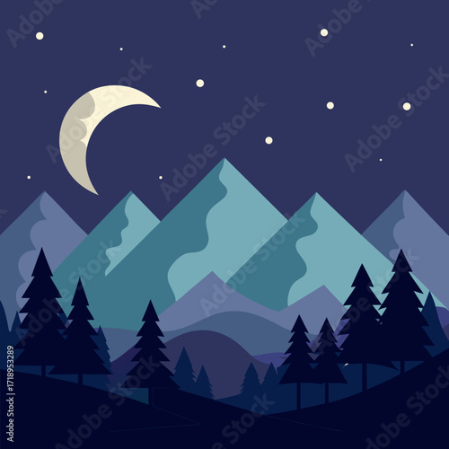 A panoramic night mountain with tree vector landscape background.
