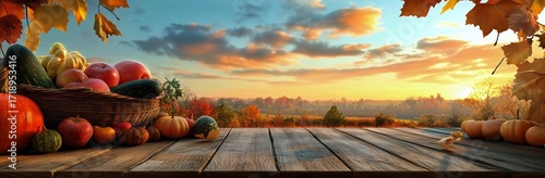 Vibrant Autumn Harvest Scene With Fresh Produce and Sunset in the Background