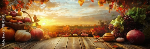 Vibrant Autumn Harvest Scene With Fresh Produce and Sunset in the Background.