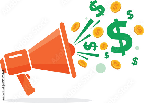 Vector art of orange megaphone with green dollar signs and gold coins exploding outwards