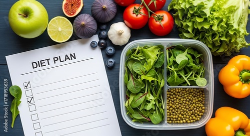 Healthy meal prep with diet plan and fresh ingredients