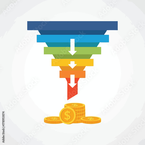 Vector art of sales funnel with coins at the bottom, representing lead conversion into revenue