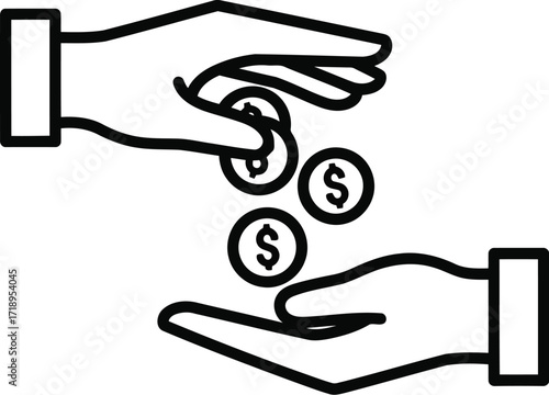 Vector art of line art icon of hands exchanging coins, representing financial transaction, payment, or donation