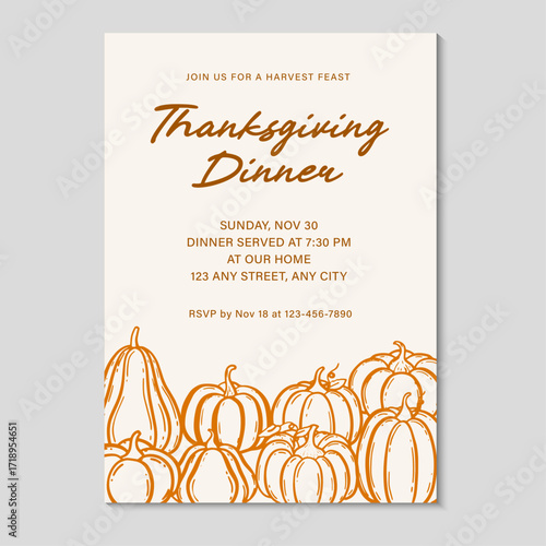 Thanksgiving dinner invitation with hand-drawn pumpkins. Vector illustration hand drawn thanksgiving dinner invitation template.