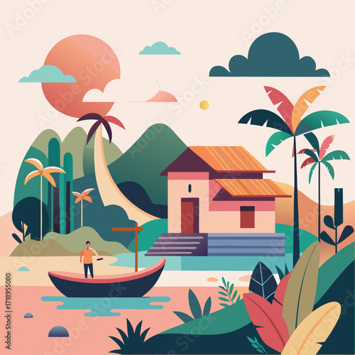 Vector illustration of a peaceful riverside village
