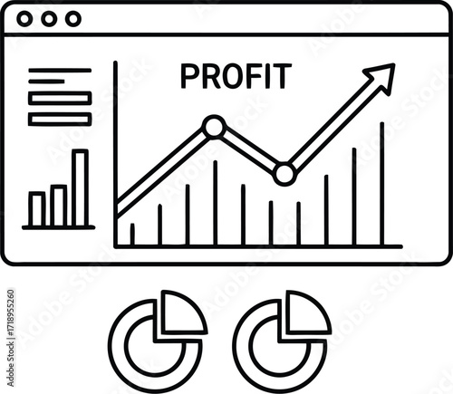 Vector art of line graph showing increasing profit trend on a computer screen interface, with bar chart and pie charts below