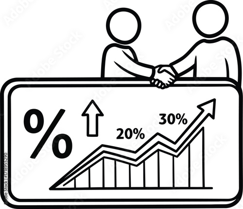 Vector art of two people shaking hands above a business chart showing percentage growth, symbolizing agreement and financial success