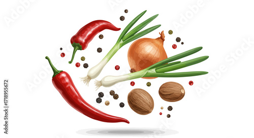 This digital illustration presents a dynamic and vibrant arrangement of essential culinary spices
