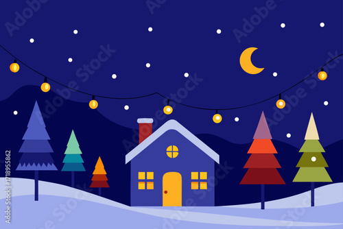 christmas night landscape with house