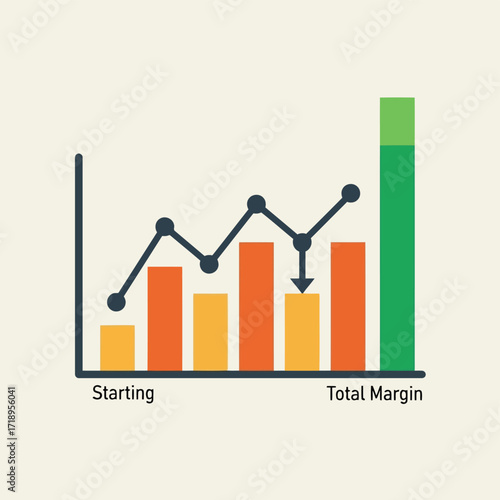 Vector art of bar and line graph illustrating business performance from starting point to total margin with an arrow indicating a decrease