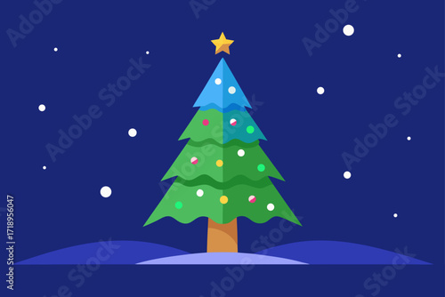 A snowy Christmas tree decorated with stars and snowflakes, glowing in a winter night landscape
