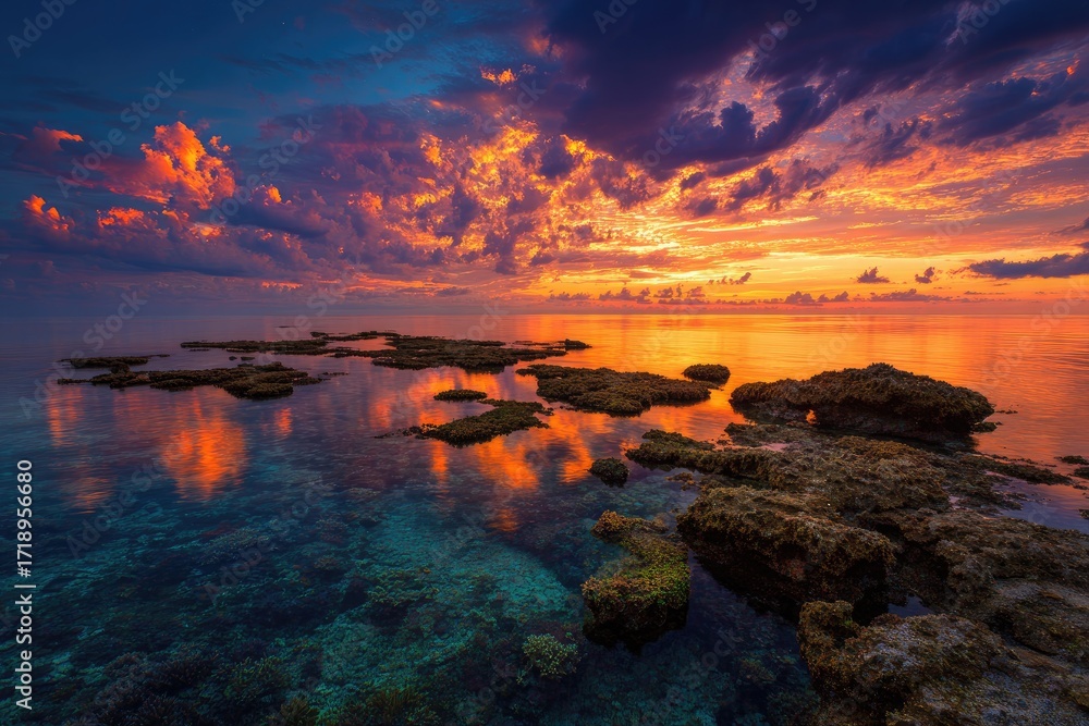Fototapeta premium Dramatic sunset over calm ocean, rocky shallows