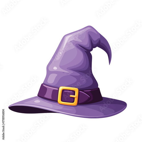 A classic pointed purple witch hat with a dark belt and a shiny golden buckle.