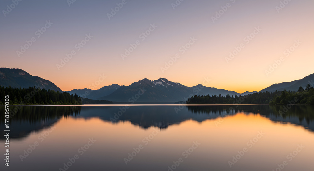 Fototapeta premium Serene Sunrise Over Mountain Lake — Mirror-Like Reflections in Quiet Waters