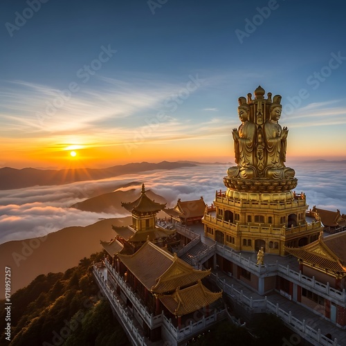 Golden Buddha at Sunrise at Mount Emei, Sichuan province, China