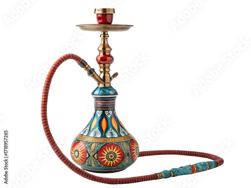 Elegant and colorful hookah with intricate design, perfect for relaxation and social gatherings,isolated on white background