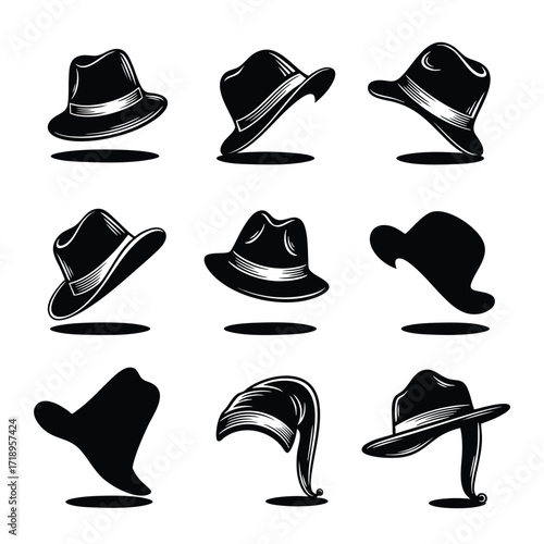 A collection of classic black and white fedora hats illustrated from various angles.