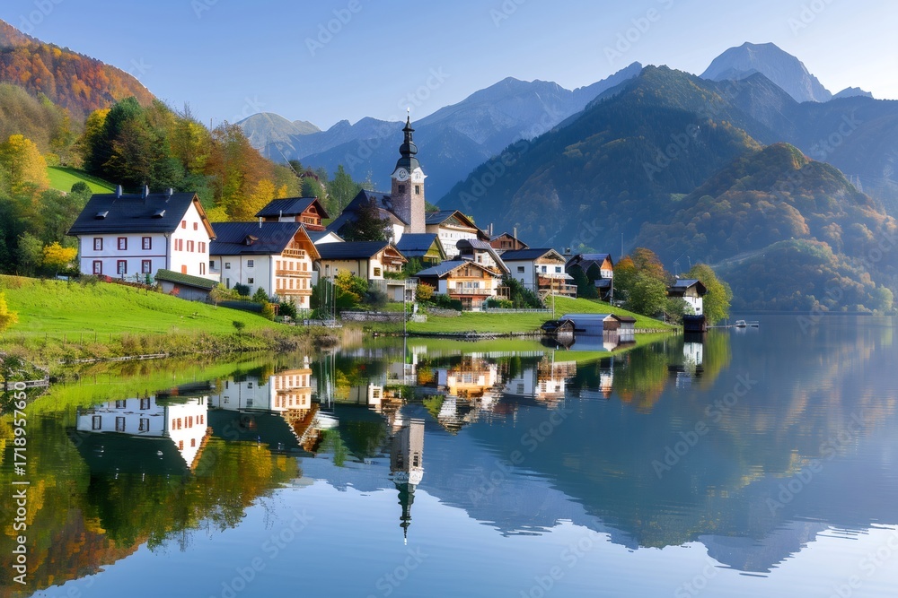 Fototapeta premium Grundlsee reflecting on the lake during a colorful autumn day in Austria