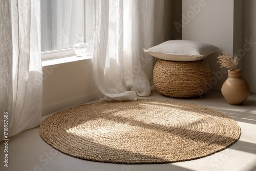 Sunlit corner with woven rug and natural decor