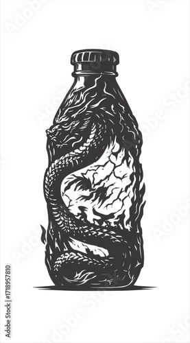 Black ink illustration of a dragon wrapped around a bottle on a white background black and white