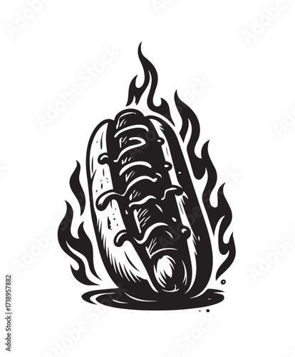 Black ink illustration of a hot dog on fire with dripping sauce on a white background food black and white