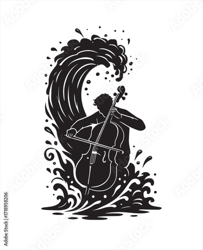 Cellist Playing Cello Within a Crashing Wave Illustration on White Background musician music