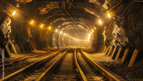 A dimly lit mine tunnel with railway tracks extending into the distance, illuminated by artificial lights mounted along the walls.  The rough-hewn walls and