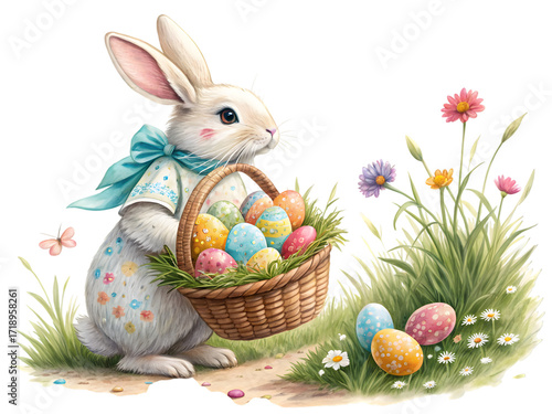 Charming Easter bunny carrying a basket of colorful eggs near flowers and grass, spring joy, isolated on white background.