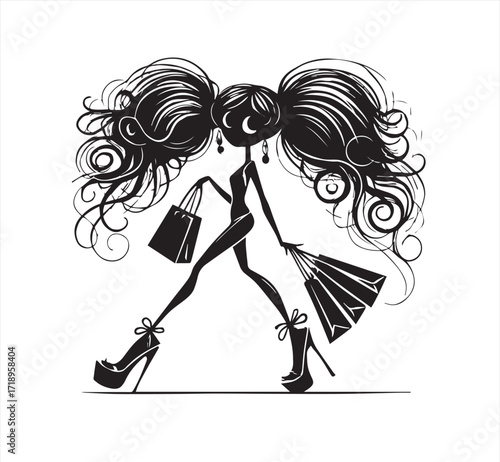 Fashionable woman with voluminous hair and shopping bags in high heels vector illustration