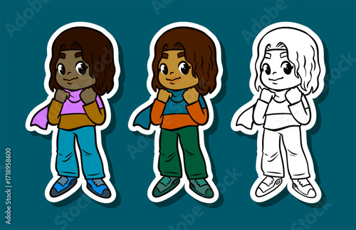 Girl with shawl and sweater standing sticker illustration