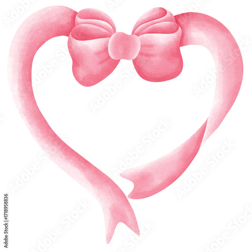 Watercolor pink coquette ribbon bow in heart 