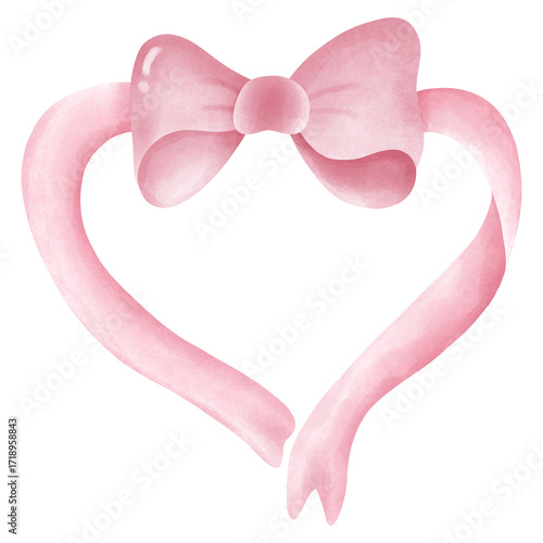 Watercolor pink coquette ribbon bow in heart 